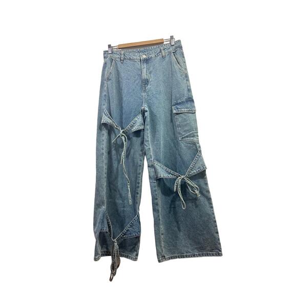 Cider Denim Jeans Womans Size Large Light Blue Cargo Tie Detail Wide Leg Denim - Picture 5 of 13